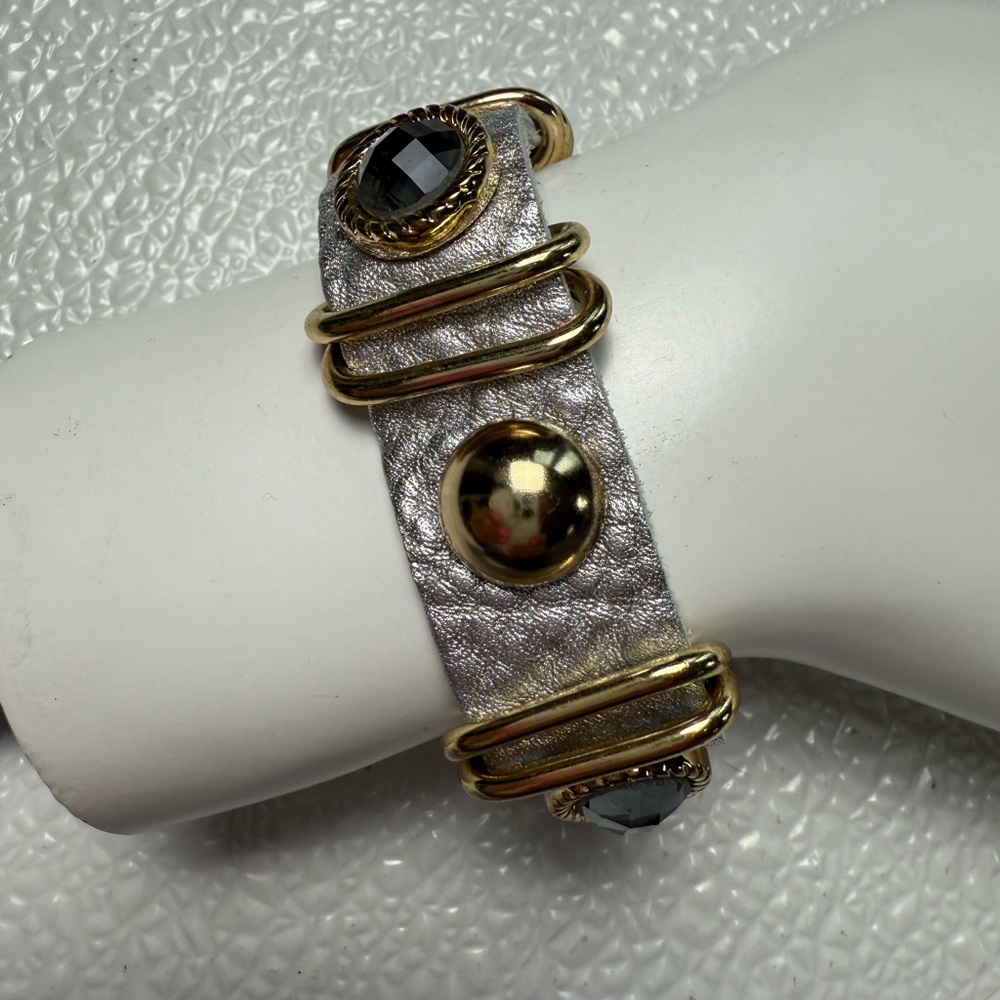 Natasha Couture Silver Leather Band with Adjustable Snap Gold‎ Accents Bracelet